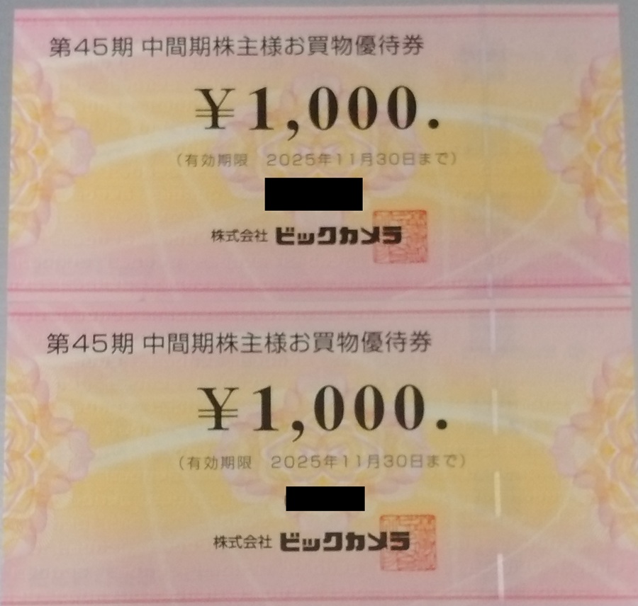 ビックカメラ(3048)【株主優待】2025年2月権利が到着！ビックカメラ、コジマ、ソフマップなどで使える買い物券！ネットでも使えます！