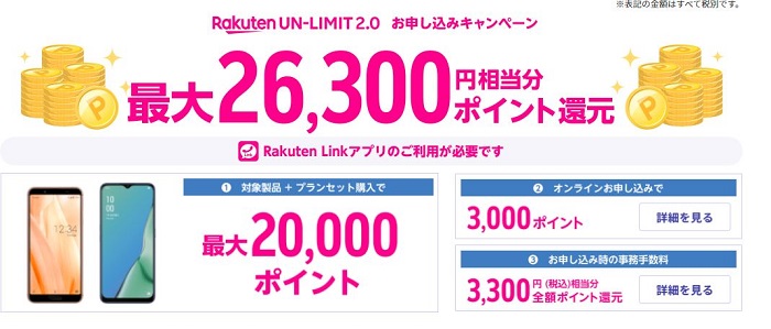 【節約】【お得】楽天モバイル Rakuten UN-LIMIT2.0お申し込みで最大26,300円相当ポイント還元！