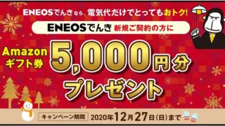 【節約】【お得】ENEOSでんき 新規ご契約でAmazonギフト5,000円がもらえる！ 12/27まで！！