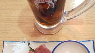 【優待ご飯】トリドールホールディングス （3397）の「晩杯屋」で「まいたけの天ぷら、煮込み(玉子入り)、マクロ刺し」を食べてきました♪