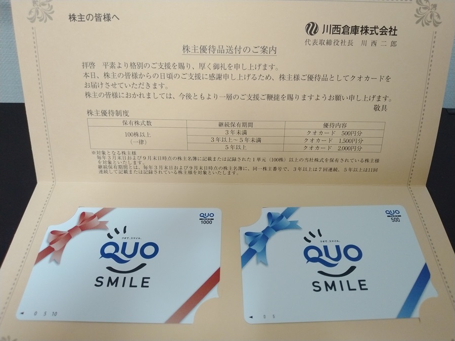 川西倉庫 (9322)【株主優待】2024年3月権利のクオカードが到着！マツキヨ、デニーズ、コンビニ、書店などで使えます！