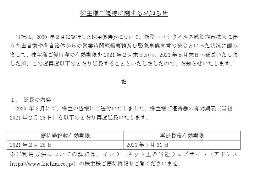 株主優待】きちりホールディングス （3082）の2019年12月権利分優待