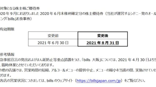 【株主優待】サニーサイドアップグループ （2180）！『bills』で使える優待の有効期限延長！2021年6月30日→2021年8月31日 に！