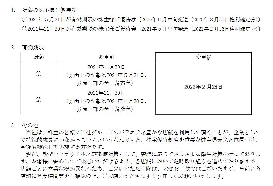 【株主優待】クリエイト・レストランツ・ホールディングス[クリレス] （3387）の優待期限再延長！ 2021年5月31日、2021年11月30日　→  2022年2月28日に！！