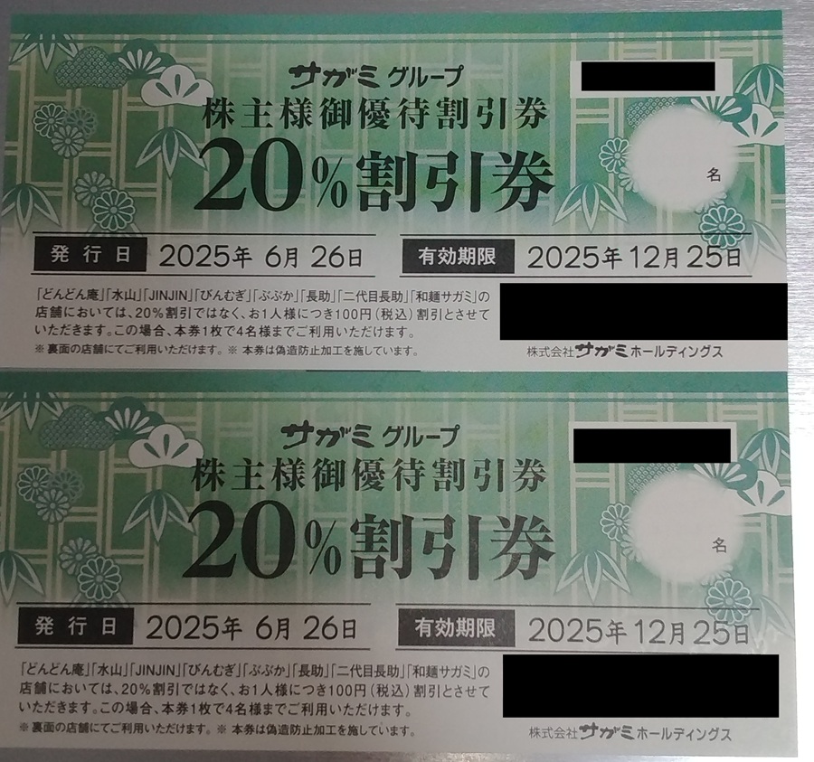 サガミホールディングス(9900)【株主優待】2025年3月権利！飲食割引券（20%割引）！サガミ、味の民芸、あいそ家、どんどん庵 などで使える！
