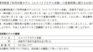 サムティ(3244) 【株主優待】休館していた「エスペリアホテル京都」が2022年7月1日より予約可能になります！
