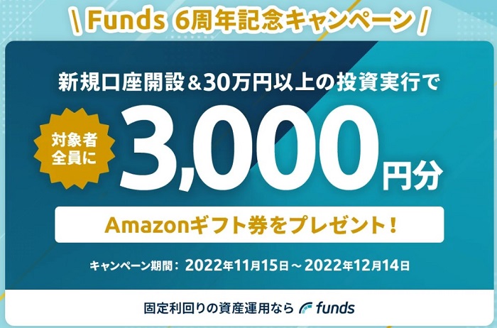Funds(ファンズ)！新規口座開設と初めての投資でAmazonギフト最大3,000円分プレゼント！！