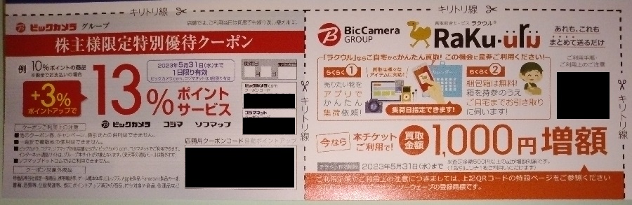 ビックカメラ(3048)【株主優待】2022年8月権利の優待券が到着！優待券 