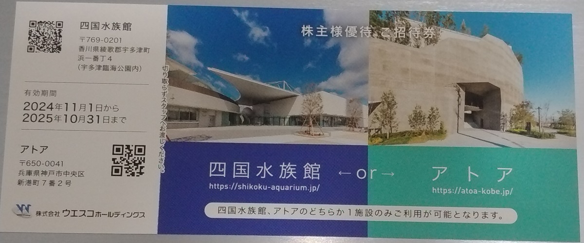 ウエスコホールディングス(6091)【株主優待】2024年7月権利の四国水族館、水族館「アトア」入場券が到着！