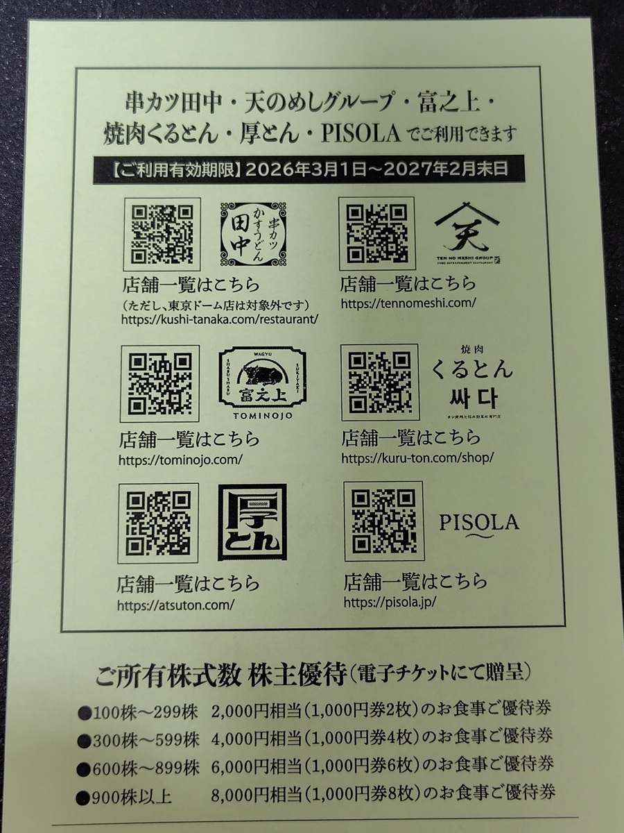 ユニシアホールディングス(3547)【株主優待】串カツ田中、鳥玉、焼き肉くるとん、PISOLA、厚とん、天のめし で使える優待食事券がもらえる!いつ届く?使い方は?