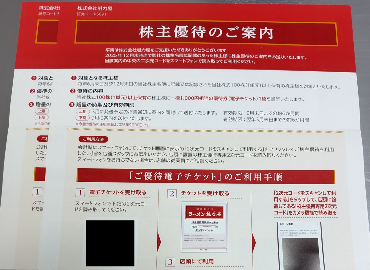 魁力屋(5891)【株主優待】2025年12月権利!ラーメン魁力屋で使える電子チケット!