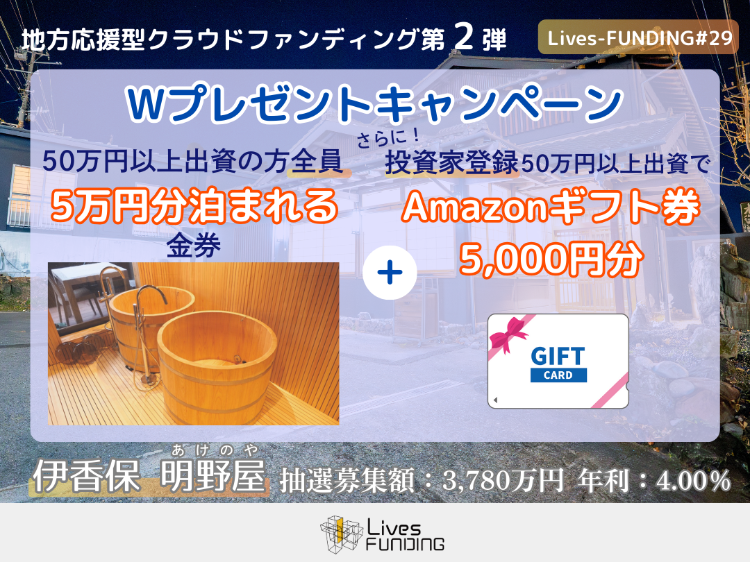Lives FUNDING#29 伊香保温泉明野屋！宿泊金券、Amazonギフト券のWキャンペーンも実施！