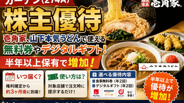 ガーデン(274A)【株主優待】壱角家、山下本気うどんで使える無料券やデジタルギフト！半年以上保有で増加！いつ届く？使い方は？