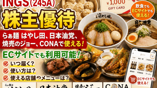 INGS(245A)【株主優待】らぁ麺 はやし田、日本油党、焼売のジョー、CONAなどで使える！ECサイトでも利用可能！いつ届く？使い方は？