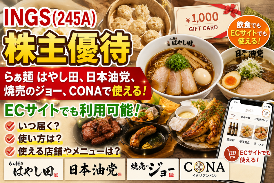 INGS(245A)【株主優待】らぁ麺 はやし田、日本油党、焼売のジョー、CONAなどで使える！ECサイトでも利用可能！いつ届く？使い方は？