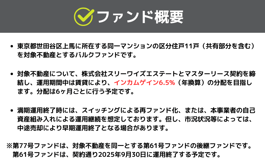 利回り不動産77号ファンド(世田谷上馬区分バルクPJ第3回)を解説！年利6.5% 12ヶ月！無料登録でAmazonギフト券！