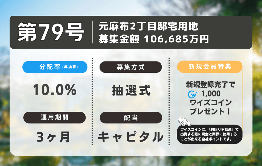 利回り不動産79号ファンド（元麻布2丁目邸宅用地）を解説！年利10% 3ヶ月！無料登録でAmazonギフト券に交換可能なワイズコイン！