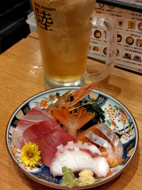 光フードサービス(138A)【株主優待利用】魚椿で刺身3種盛り、旬食材天ぷら3種盛り、炙り水だこのねばとろカルパッチョ、揚げたて天丼を注文!