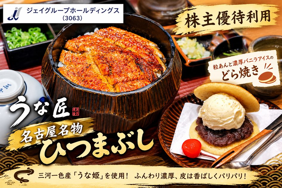 ジェイグループホールディングス(3063)【株主優待利用】うな匠でひつまぶし、粒あんと濃厚バニラアイスのどら焼き！